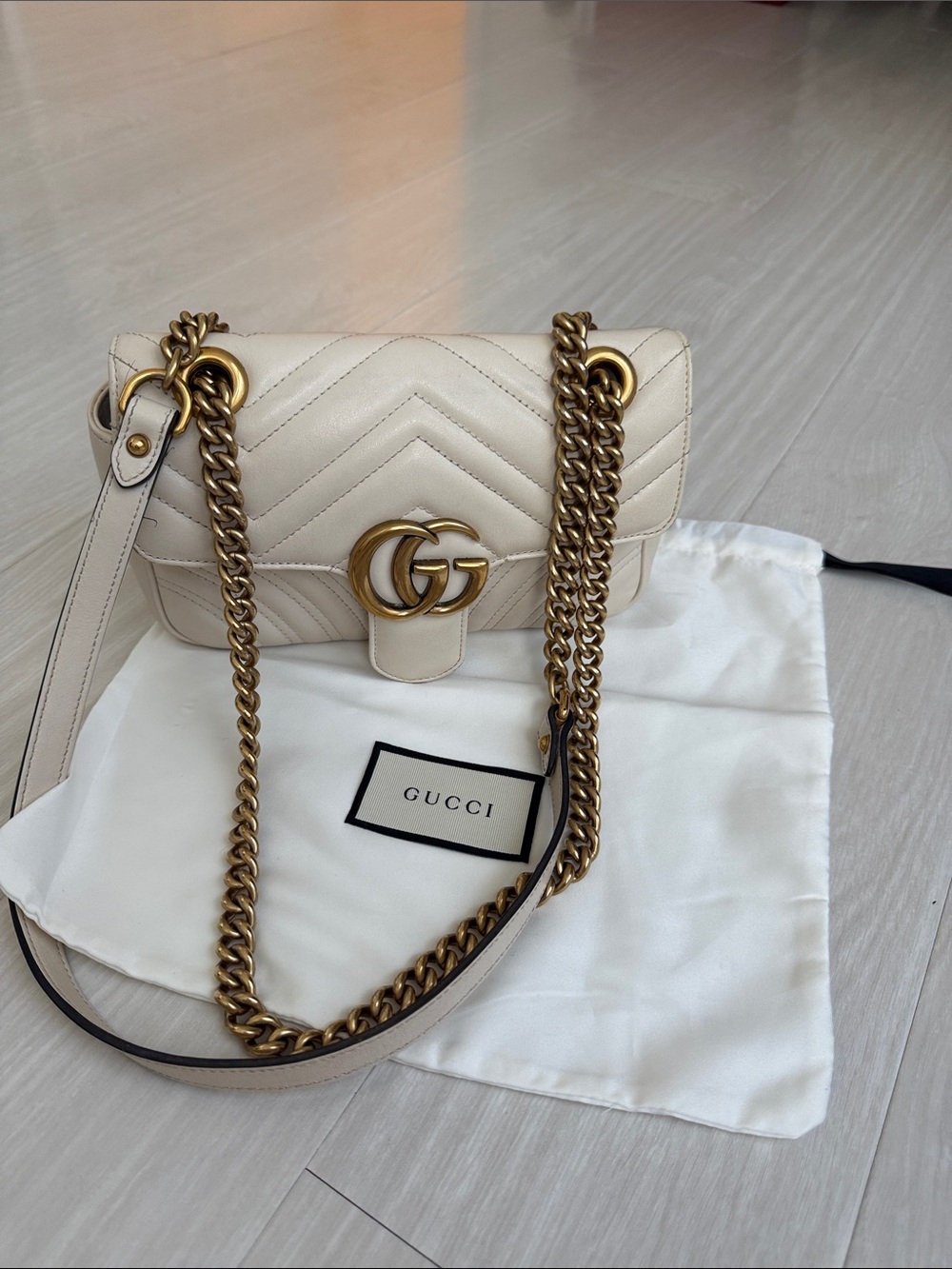 Gucci Small Chevron Shoulder Bag in Cream with Gold Hardware